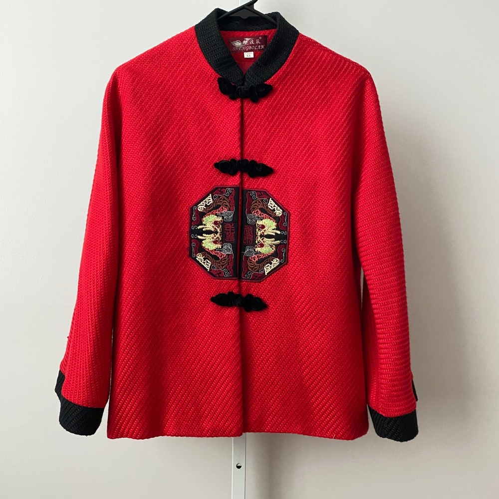 Shengbolan Moody Quirky Lagenlook Dragon Embroidered Frog Closure Jacket XL Red